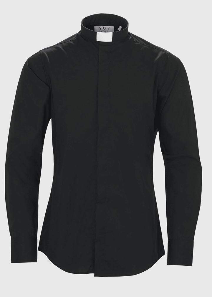 Black Slim Fit Clergy Shirt, Mens, Tunnel Neck Collar, fly front