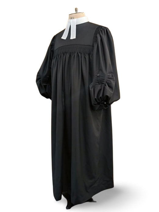 Lutheran Talar-style preaching gown with gathered yoke and bell sleeves