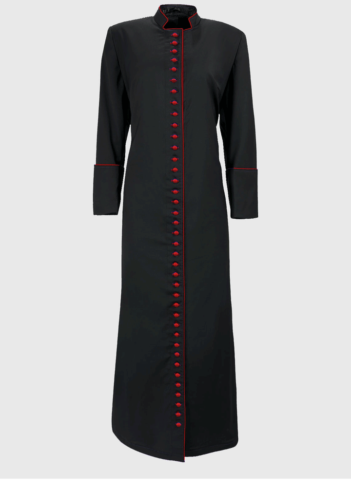 Womens Fully Trimmed Clergy Cassock, Black Poly Wool, scarlet trim