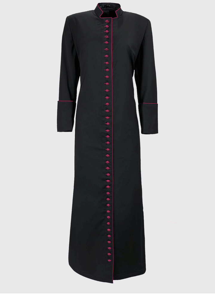 Womens Fully Trimmed Clergy Cassock, Black Poly Wool, Crimson Trim