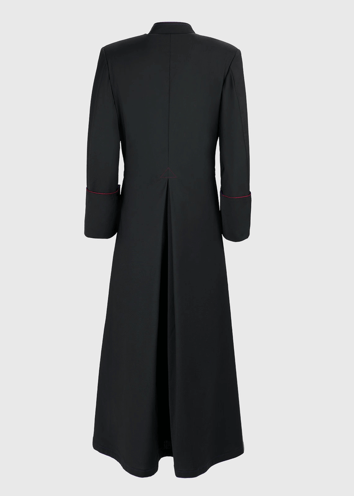 Womens Fully Trimmed Clergy Cassock, Black Poly Wool, Crimson Trim