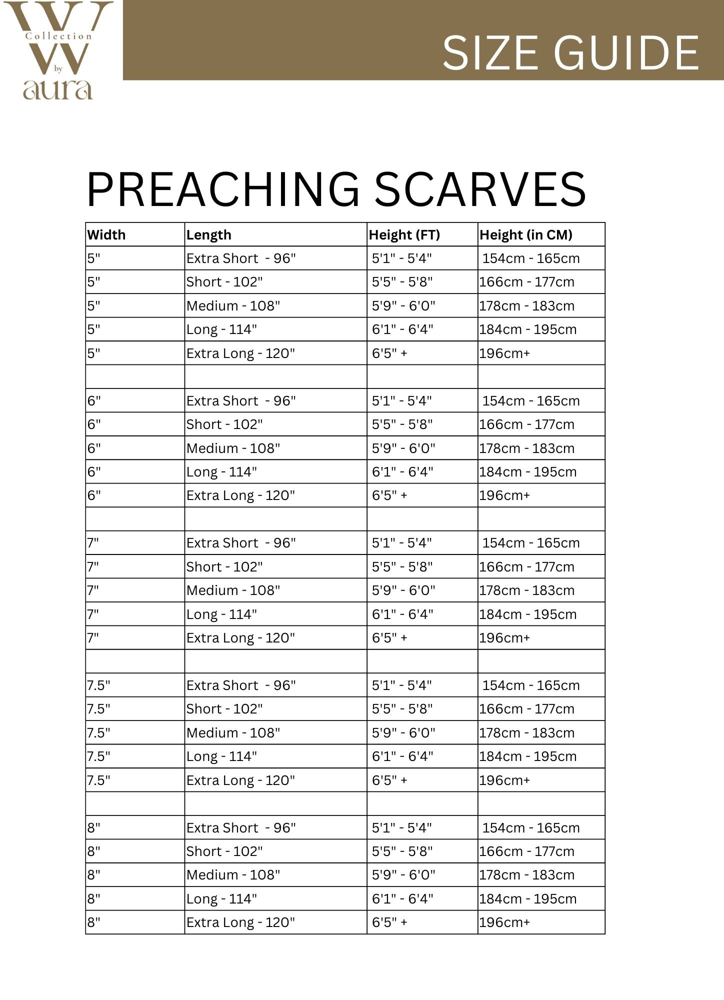 Preaching Scarf -Size-chart