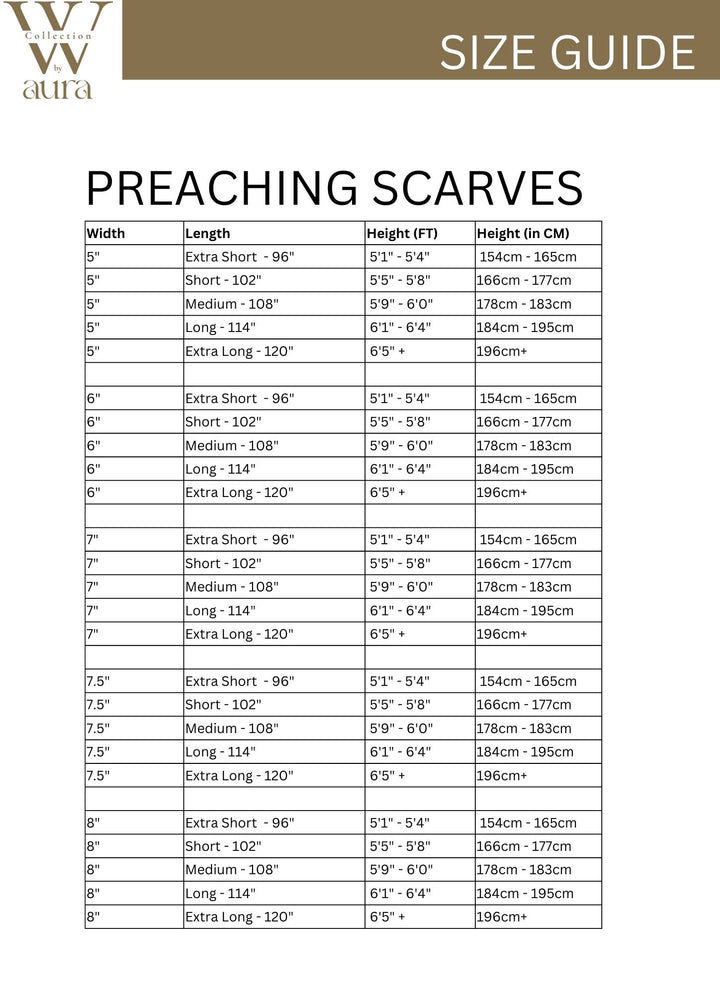 Preaching Scarf -Size-chart