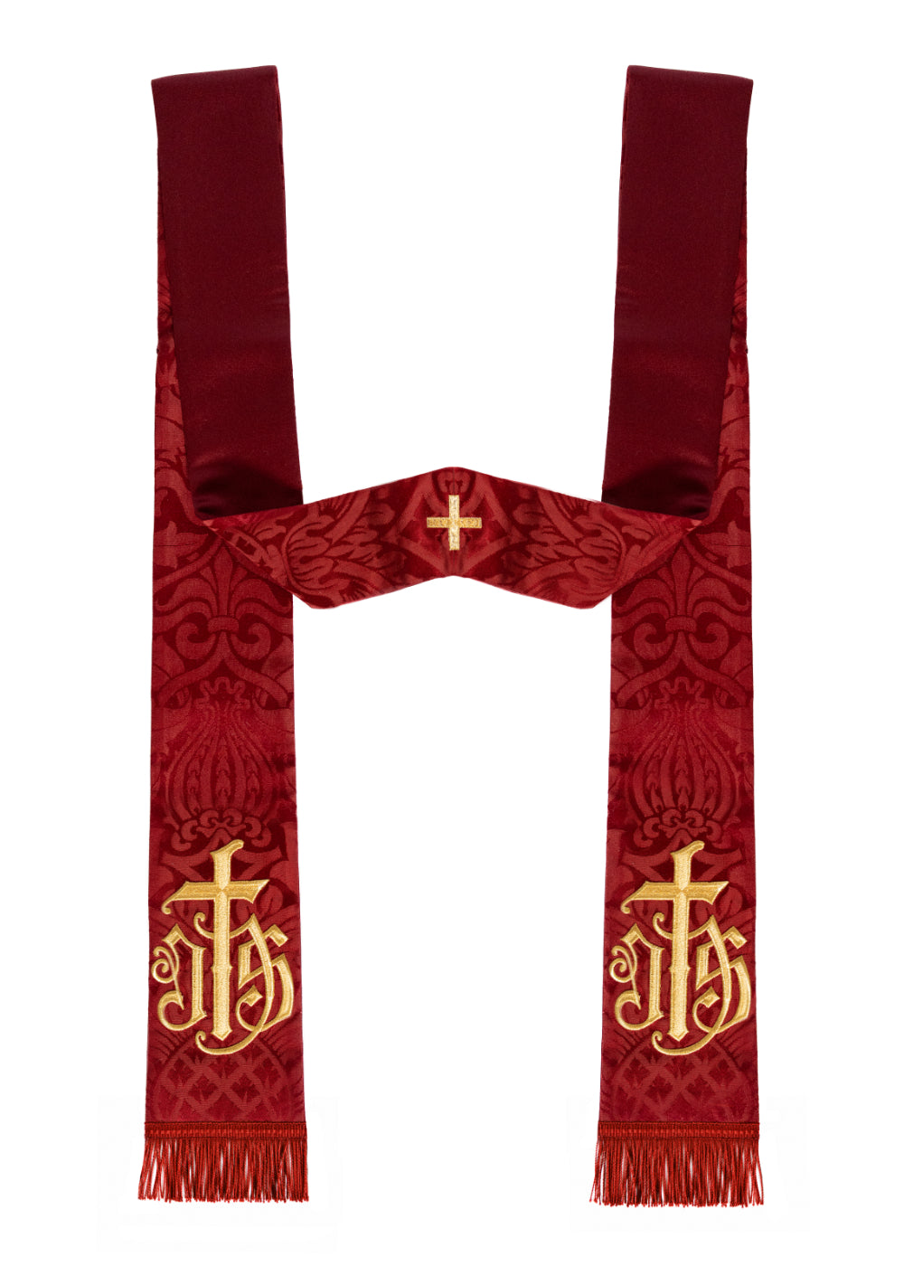 Red Fairford Brocade Clergy Stole with Embroidered IHS