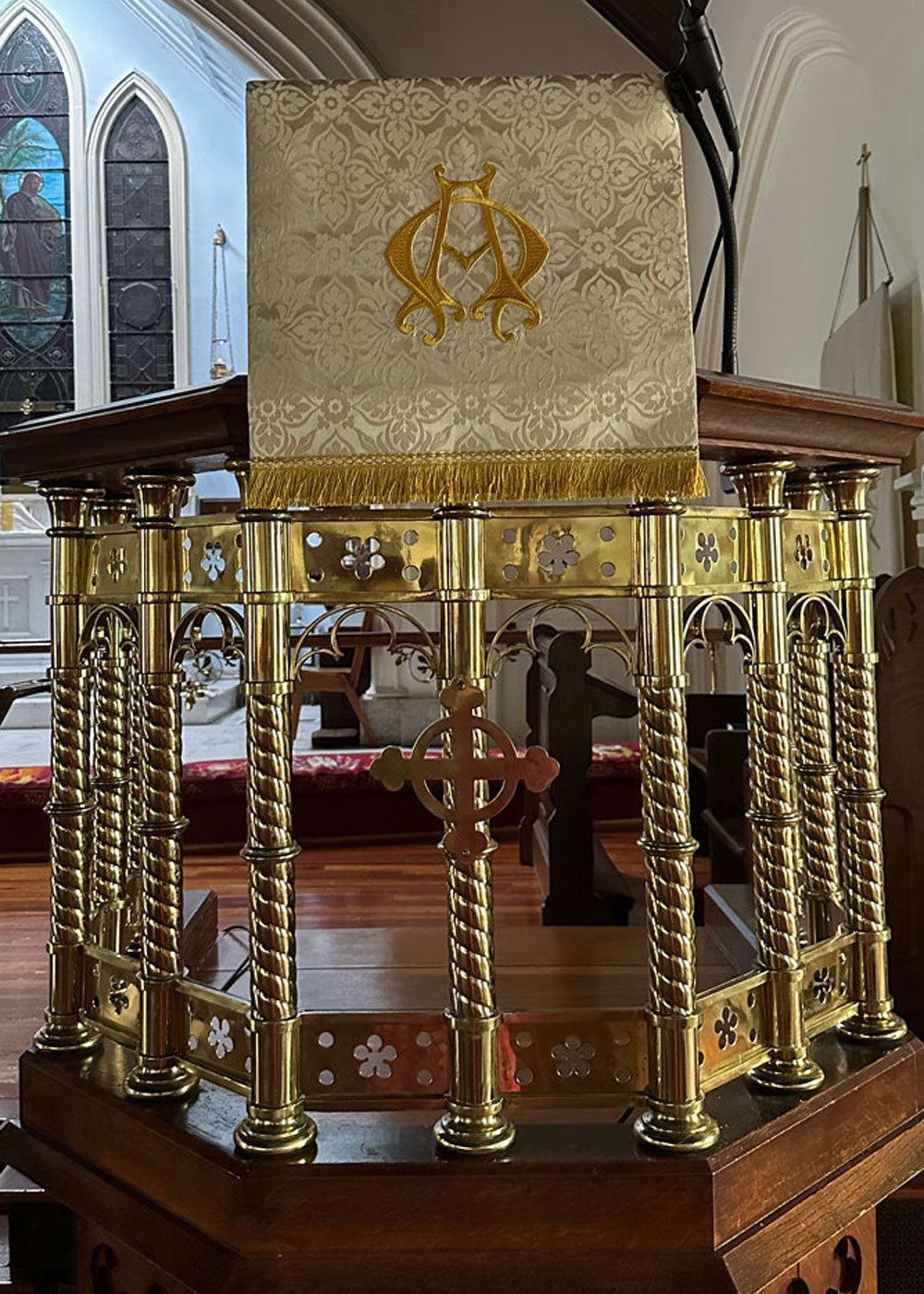 Embroidered pulpit fall with gold alpha omega entwined machine embroidery