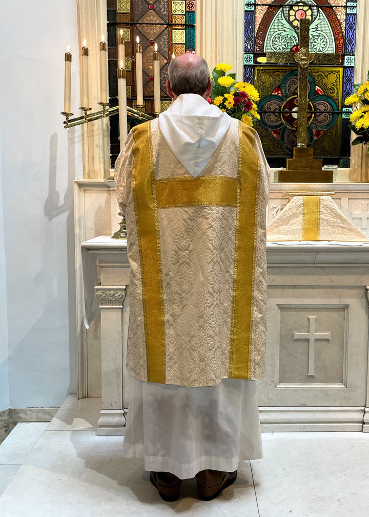 Custom made Ivory Chelmsford Tunicle with cloth of gold orphreys